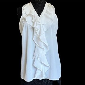 Milano White Button Down Sleeveless Ruffle Fitted Blouse Size Large EC